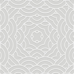 Ethnic white background, cover design, banner, wallpaper. Geometric openwork 3D pattern, art deco. Abstraction. Relief ornaments, arabesques, mandala, fresco of the East, Asia, India, Mexico, Aztec.