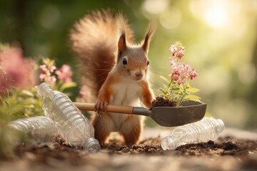 A squirrel holding a shovel with a plant next to plastic bottles in a garden setting outdoors