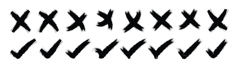 Check marks doodle set. checklist, tick and cross signs, v and x in sketch style. Grunge tick icon collection. Hand drawn check mark and cross mark in correct or wrong symbols set.  Art & Illustration