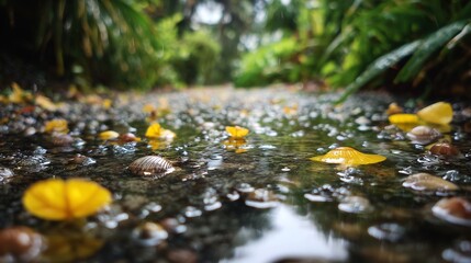 A wet path covered in fallen yellow leaves with green foliage blurred in the background after the rain