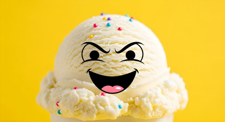 Playful Angry-Faced Vanilla Ice Cream Scoop with Sprinkles | Funny Dessert Character Illustration on Bright Yellow Background