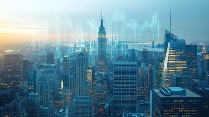 A wide, horizontal view of New York City, featuring iconic skyscrapers and a bright, airy atmosphere. The scene is light and modern, with soft natural lighting and plenty of open space. Above the city