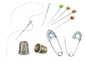 Watercolor illustration of haberdashery and sewing accessories: needles, pins, thread and thimble. For the design of sewing workshops, sewing blogs, master classes, haberdashery, stickers, postcards.