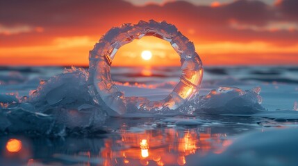 Ice ring on frozen lake at sunset with reflection of sun and orange sky creating a serene landscape