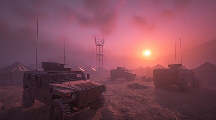 Desert military base featuring vehicles, tents, and communication tower for strategic logistics