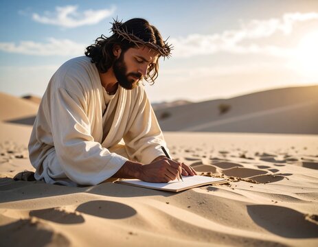 Religious figure writing in desert