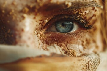 A close up shot of a person's eye with cracked skin and sand like particles on their face and eyelashes