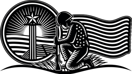 Military tribute with US flag and faith - Silhouette on white background

