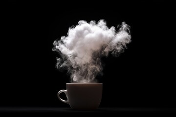 A white cup with steam rising against a black background in a simple studio style composition art