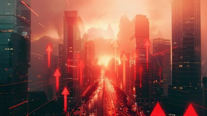 Futuristic cityscape with rising red arrows, symbolizing growth and progress in a modern urban environment during a fiery sunset. - Powered by Adobe
