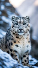 Obraz premium Majestic snow leopard gazing directly at the camera amidst a snowy landscape captivating wildlife portrait