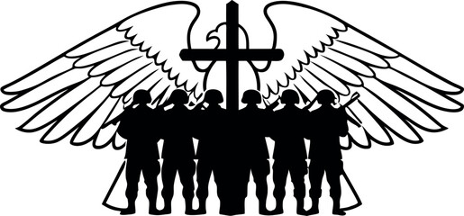 Military tribute with US flag and faith - Silhouette on white background

