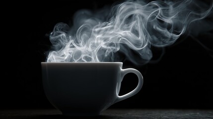A white cup filled with a steaming liquid against a dark background with rising smoke effect seen above