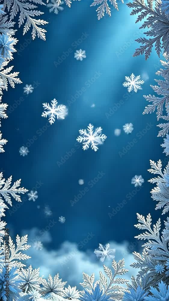 Poster a blue background with snowflakes and a white frame. the snowflakes are scattered all over the backg