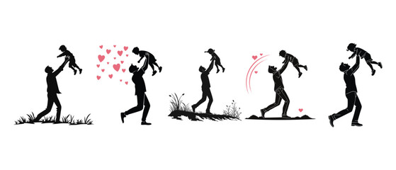 Father&rsquo;s Day Vector Set &ndash; Silhouettes of Fathers Playing with Children, Heart Elements, Outdoor Grass Scene, Minimalist Black and White Design, Modern Flat Style Illustration