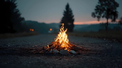 Naklejka premium Single small bonfire glowing in minimal environment, capturing simplicity and quiet outdoor life.