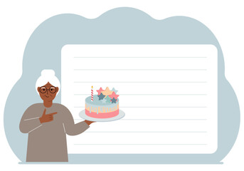 A woman celebrates a birthday or some event. A man with a birthday cake with a candle. Vector flat illustration