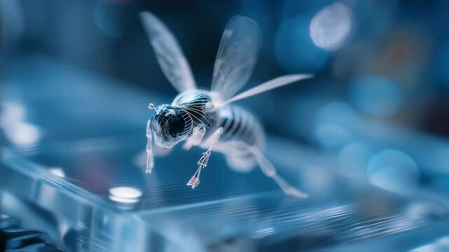 Glass bee model slowly lifts off from a transparent glass surface, showcasing its delicate wings and intricate body structure against a blurred, blue toned background