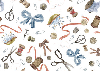 Watercolor seamless pattern in vintage style with images of haberdashery and sewing accessories. For the design of sewing workshops, sewing blog, master classes, haberdashery, stickers, postcards, etc
