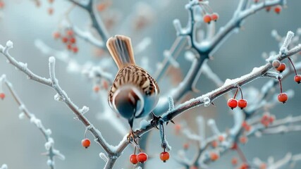 Sparrow perched on a frosty branch with red berries in winter - Powered by Adobe
