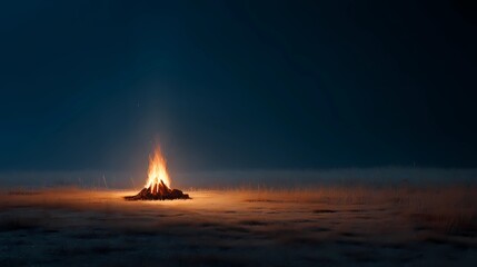 Single small bonfire glowing in minimal environment, capturing simplicity and quiet outdoor life.