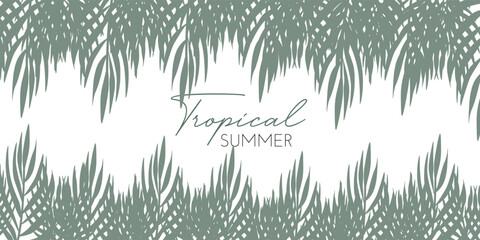 Tropical green leaves forming a frame on a white background, leaving space for text. Perfect for flyers, invitations, posters, banners, cards, and online graphics
