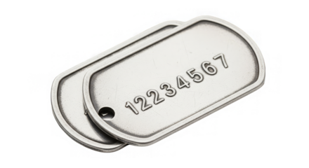 Detailed shot reveals two worn, metallic identification tags with a serial number against black.