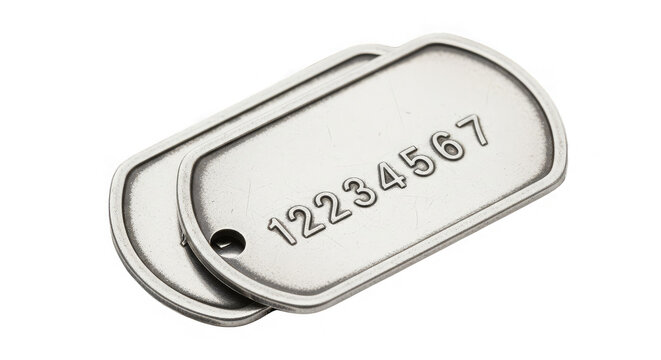 Detailed shot reveals two worn, metallic identification tags with a serial number against black.