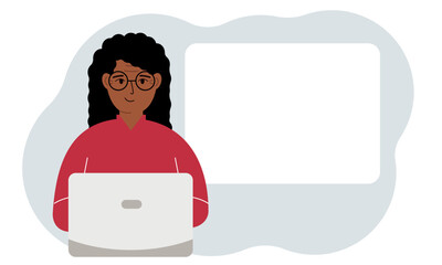 A woman works or on a laptop, there is a place for text nearby. The concept of freelancing or distance learning and work. Vector flat illustration