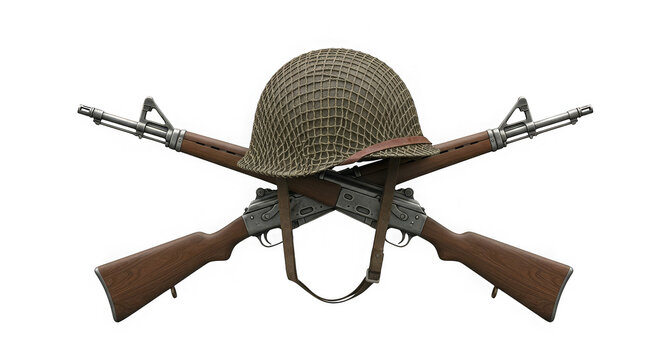 Military themed still life features crossed rifles and a helmet with netting on a black background