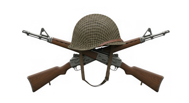 Military themed still life features crossed rifles and a helmet with netting on a black background