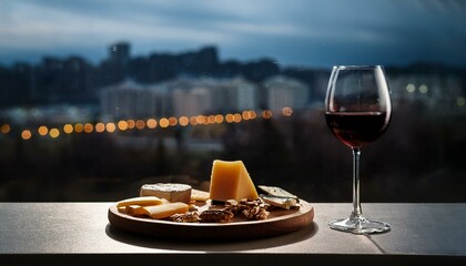 two glasses of wine and a cheese plate, a romantic atmosphere in a hut in the mountains, rose petals in front of the window, winter season, snow outside