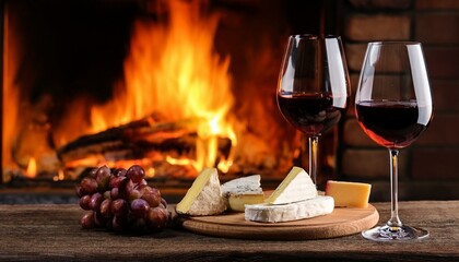 two glasses of wine and a cheese plate, a romantic atmosphere in a hut in the mountains, rose petals in front of the window, winter season, snow outside