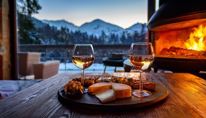 two glasses of wine and a cheese plate, a romantic atmosphere in a hut in the mountains, rose petals in front of the window, winter season, snow outside