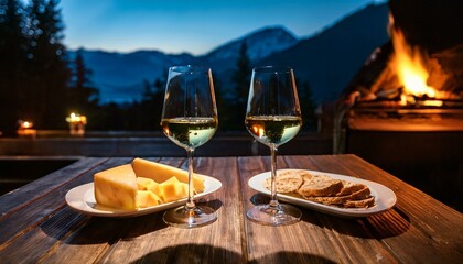 two glasses of wine and a cheese plate, a romantic atmosphere in a hut in the mountains, rose petals in front of the window, winter season, snow outside