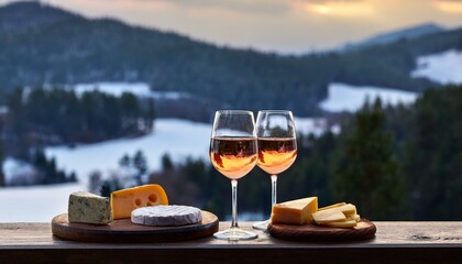 two glasses of wine and a cheese plate, a romantic atmosphere in a hut in the mountains, rose petals in front of the window, winter season, snow outside