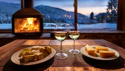 two glasses of wine and a cheese plate, a romantic atmosphere in a hut in the mountains, rose petals in front of the window, winter season, snow outside