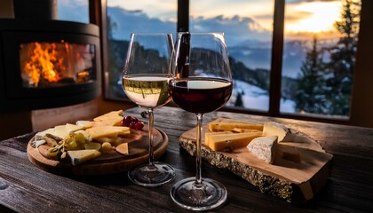 two glasses of wine and a cheese plate, a romantic atmosphere in a hut in the mountains, rose petals in front of the window, winter season, snow outside