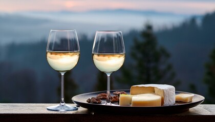 two glasses of wine and a cheese plate, a romantic atmosphere in a hut in the mountains, rose petals in front of the window, winter season, snow outside