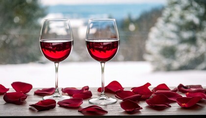 two glasses of wine, a romantic atmosphere in a hut in the mountains, rose petals in front of the window, winter season, snow outside