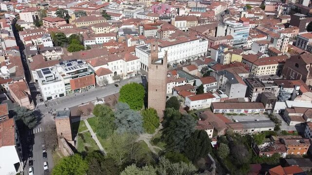 Drone video orbiting Torre Don&agrave; in Rovigo&rsquo;s historic center, capturing the medieval tower and surrounding architecture from above.