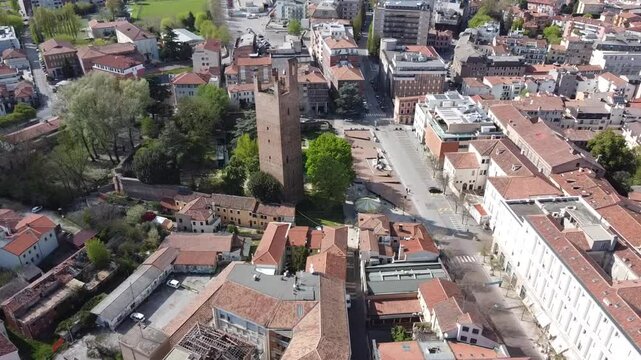 Drone video orbiting Torre Don&agrave; in Rovigo&rsquo;s historic center, capturing the medieval tower and surrounding architecture from above.