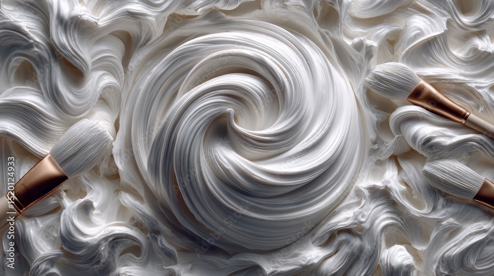 Poster white paint swirls with essential painting tools arranged around a central swirl pattern