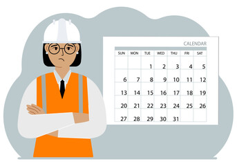 Female builder in uniform next to calendar. Vector flag illustration