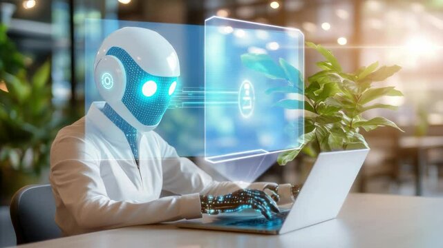 Futuristic robot working on a laptop.