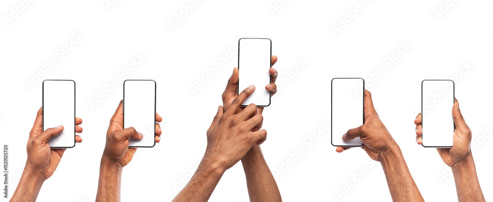 Poster set of man's hands using smartphone with blank screen, isolated on white background, panorama