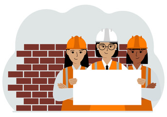 Construction team holding a white sheet of paper for text. Brickwork next to him. Vector flat illustration