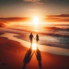 A realistic image depicting two people walking hand in hand along a beach at dusk.