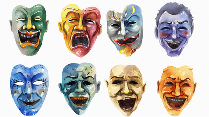 Set of theater masks. Theatrical mask, actors, actress. Greek drama logo, happy sad masks watercolor. Theatric circus joker comedy flyers. Comedy and tragedy masks silhouette 