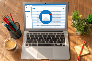 Email notification message showing on computer screen snugly. Digital marketing message information...